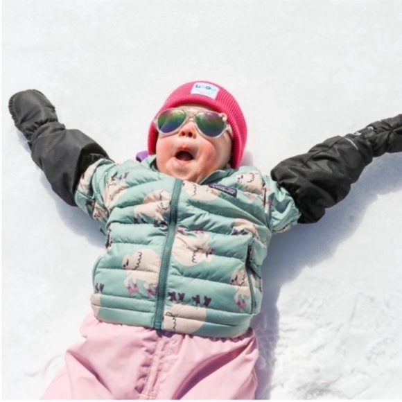 Patagonia Down Sweater Jacket in Gypsum Green Blue White Buffalo 12-18 months - Picture 3 of 11